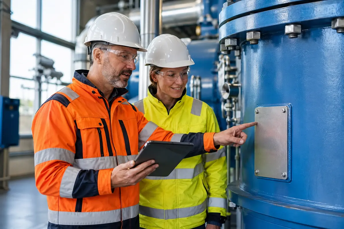Projekt- och driftpersonal går igenom en trycksatt installation i industrimiljö