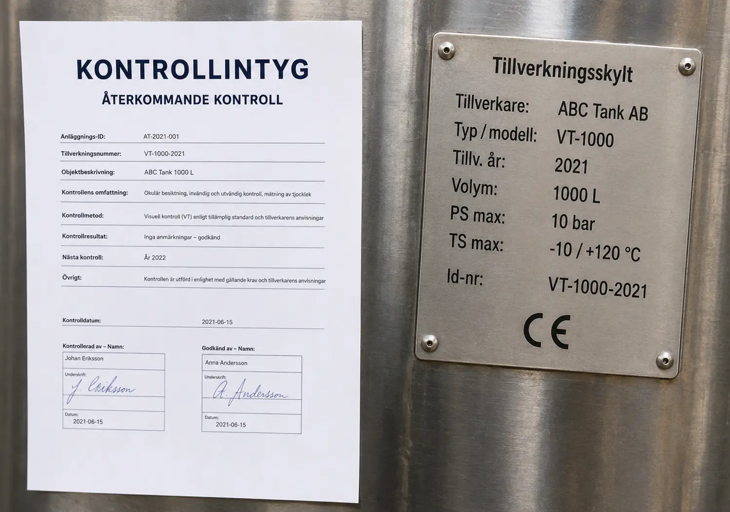 Kontrollintyg och tillverkningsskylt